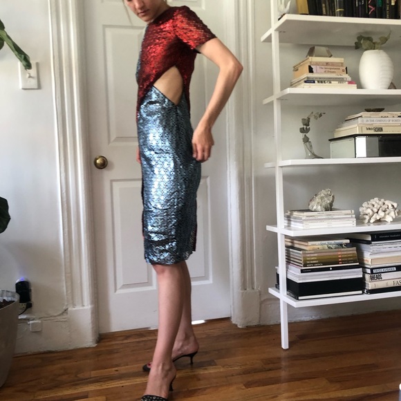 Marco De Vincenzo *CUSTOM DESIGNER* RUNWAY Red Blue Metallic Midi Cocktail Dress - Picture 9 of 16